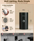 Installation guide for Sleek Wireless Motion Sensor Wall Light Rechargeable LED Sconce, showing 3-step process with dimensions.