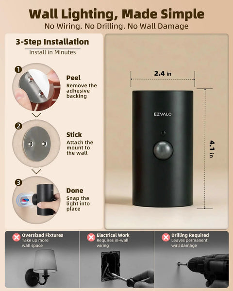 Installation guide for Sleek Wireless Motion Sensor Wall Light Rechargeable LED Sconce, showing 3-step process with dimensions.