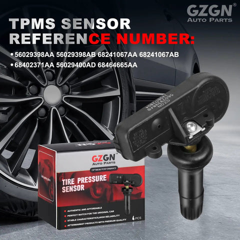 4 Pack Pre Programmed 433MHz TPMS Sensors For Chrysler Dodge Jeep Ram Fiat Tire Pressure Monitoring Sensor Kit Plug N Play For 300 Challenger Durango Journey Wrangler Grand Cherokee Ram 1500 2500, black sensor and box