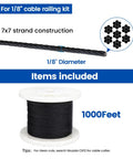 1000 Ft 1 Eighth Inch Dope Black Stainless Steel Cable Railing Kit For Indoor And Outdoor Use, 7x7 Wire Rope, Hardware Shown