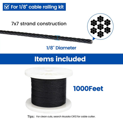 1000 Ft 1 Eighth Inch Dope Black Stainless Steel Cable Railing Kit For Indoor And Outdoor Use, 7x7 Wire Rope, Hardware Shown