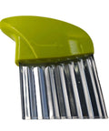 Crinkle cutter with green handle and stainless steel wavy blade for potatoes and vegetables.