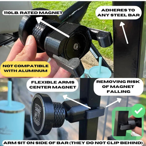 Close-up of V2.5 Magnetic Golf Cart Phone Mount With 110Lb Magnet Ball Joint Neck Anti Rattle Lock demonstrating steel bar attachment.