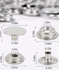 Close-up of 200 Pack Stainless Steel Snap Fastener Kit 15mm Heavy Duty Button Press Stud Caps For Marine Boats Canvas Leather Bags And DIY Crafts Ideal For Tent Covers Jackets Coats Vests Tops And More, displaying dimensions and components.