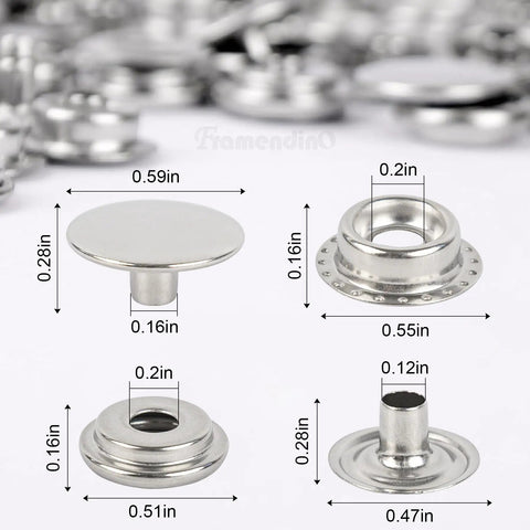Close-up of 200 Pack Stainless Steel Snap Fastener Kit 15mm Heavy Duty Button Press Stud Caps For Marine Boats Canvas Leather Bags And DIY Crafts Ideal For Tent Covers Jackets Coats Vests Tops And More, displaying dimensions and components.