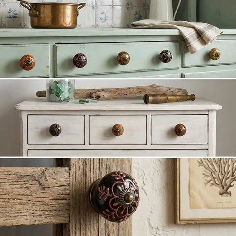 Top Notch Hand Painted Ceramic Cabinet Knobs And Drawer Pulls Pack Of Twelve Chic Boho Style Furniture Handles displayed on various furniture.