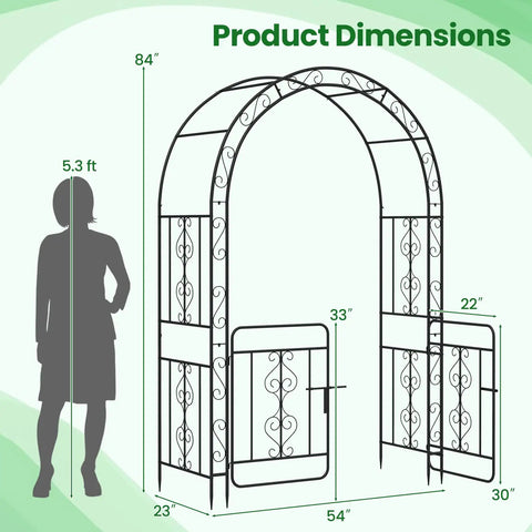 Diagram of Garden Arbor With Gate Metal Arch Trellis For Climbing Plants And Vines 84 Inch High 54 Inch Wide dimensions