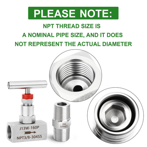 TAISHER 2-pack 304 stainless steel straight needle valves with 3/8 NPT female threads and nipple for water, gas or oil flow control.