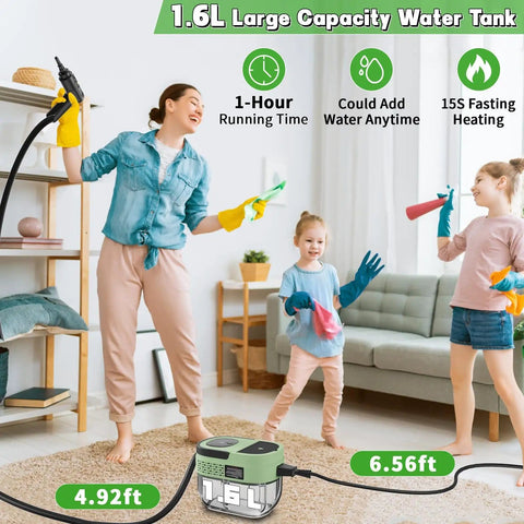 Beast 2500W Handheld Steam Cleaner in family room, mother cleaning with children, showing 1.6L water tank capacity and hose range.