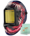 Boss Level Auto Darkening Welding Helmet With Blue Light Blocking Shield featuring a vivid graphic and additional lens protectors