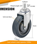 Smooth Operator Four Pack Shopping Cart Replacement Wheels Five Inch Polyurethane Casters with detailed dimensions displayed.