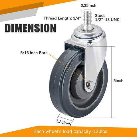 Smooth Operator Four Pack Shopping Cart Replacement Wheels Five Inch Polyurethane Casters with detailed dimensions displayed.