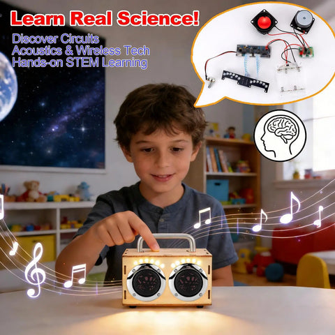 DIY Bluetooth Speaker Wooden Kit for Beginners Build Your Own Portable Speaker Science Electronics Project for Kids and Adults No Soldering Easy Setup Hands On Video Guides Perfect Camping Gift and Graduation Gift, boy using wooden speaker kit