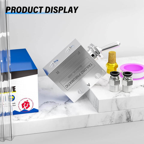 2 Position 3 Way Pneumatic Valve With 1 Eighth Inch NPT Ports, Manual Toggle Actuator HL-2301 displayed with fittings and packaging