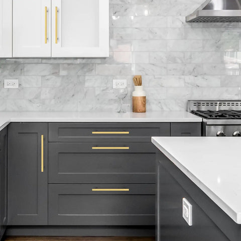 Square Brushed Gold Cabinet Pulls 8 Inch Rock Solid Stainless Steel Drawer Knobs Rust Resistant Kitchen Cupboard Hardware in modern kitchen.