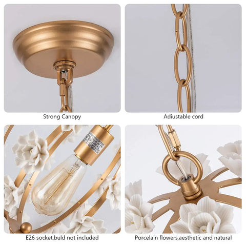 Gold Pendant Light Fixture With Adjustable Chain For Girl Room, Nursery And Bedroom, Totally Elegant White Flower Chandelier details