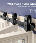Top view of 64 Inch Bifold Barn Door Hardware Track Kit For Four 15 Inch Closet Doors with nylon pulleys in black finish.