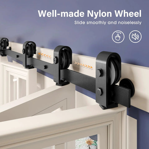 Top view of 64 Inch Bifold Barn Door Hardware Track Kit For Four 15 Inch Closet Doors with nylon pulleys in black finish.