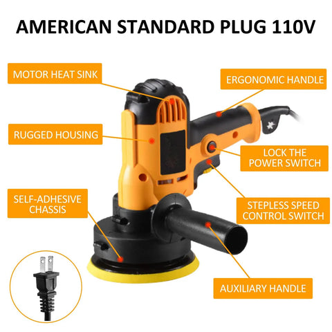 Variable Speed Buffer Polisher Kit with removable handle, showing ergonomic design, American plug, and multifunctional switches.