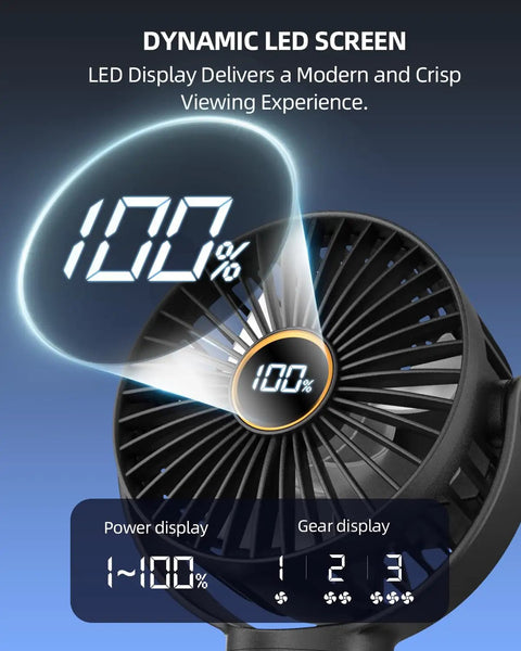 Portable Stroller Mini Fan For On The Go Moms And Dads Rechargeable Personal Cooling Fan with LED display showing 100% power