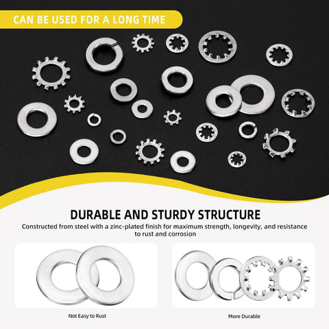 Must Have 400 Piece Stainless Steel Lock Washer Set With Flat, Split, Internal Tooth And External Tooth Washers In Six Sizes