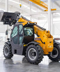 Heavy Duty Four Wheel Drive Telehandler Forklift with telescopic boom in a warehouse, designed for construction tasks.