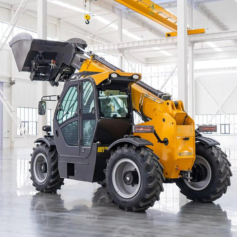 Heavy Duty Four Wheel Drive Telehandler Forklift with telescopic boom in a warehouse, designed for construction tasks.