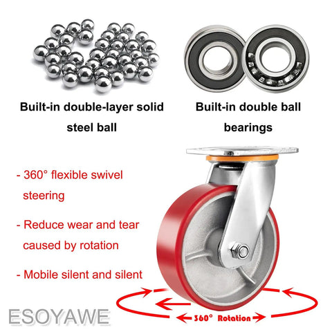 Heavy Duty Swivel Caster Set Of Four With Locking Brakes Silent Polyurethane Wheels showing 360° swivel capabilities and steel ball bearings.
