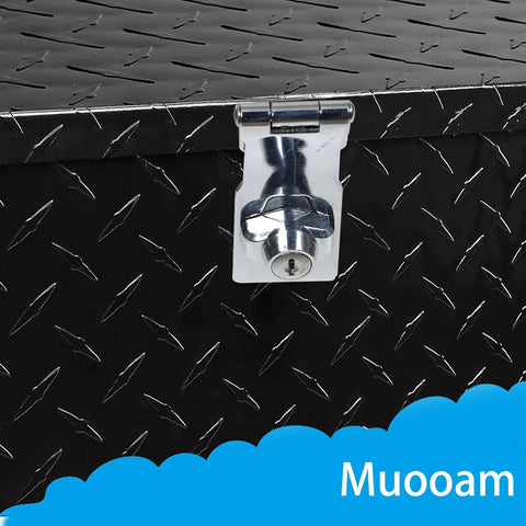 Heavy Duty Aluminum Tool Box 20x12x9.5 Inch Black Cargo Trunk For Pickup Truck Bed And RV With Reinforced Snap Lock Latch close-up of the latch