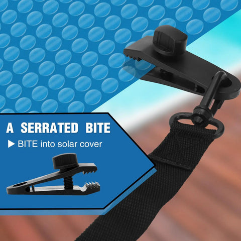 Lock That Heat In Tight With This Rock Solid 30 Piece Solar Cover Strap Kit Featuring Non Slip Clips And Heavy Duty Loop Tape For Any Inground Or Above Ground Pool - serrated clip on solar cover.