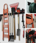 15 Piece Garage Tool Storage Rack Wall Mount Organizer Heavy Duty Steel Rack With Broom Holder Hooks And Hangers Holds All Your Garage Gear Rake Shovel Lawn Garden Up To 420 Lbs With Scratch Resistant Rubber Coated Sleeves, installed with various tools.