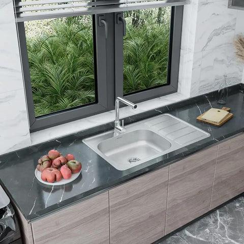 Topmount Kitchen Sink 33x20 Inch Stainless Steel Left Side One Hole For Single Faucet Handle Satin Finish With Sound Dampening Rubber Pad Built To Last And Easy To Clean installed in a modern kitchen setting.
