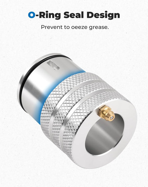 Close-up of 44mm Front And Rear Wheel Bearing Greaser Aluminum UTV Tool With O Ring Sealed Design illustrating grease prevention.