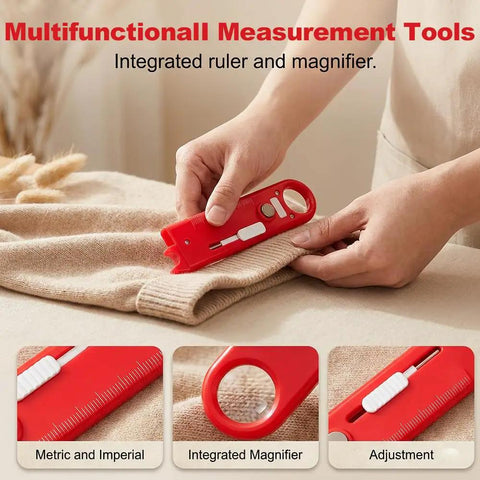 Hands using a multifunctional tool with ruler and magnifier on fabric, focusing on 4 In 1 Sewing Threader Tool With Seam Ripper Needle Threader Magnifying Glass And Magnetic Sewing Accessory For Easy Threading And Quick Stitch Removal Compact Handheld Helper Blue.