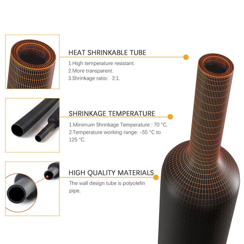 Pro Grade 170 Piece Heat Shrink Tubing Kit For Electrical Connections Waterproof Insulated Marine And Automotive Wiring Set with specifications, including high temperature resistance and shrinkage ratio.