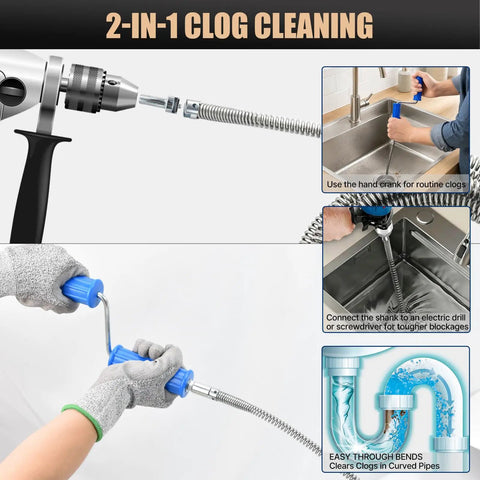 Tough As Nails 32 Foot Drain Snake And Auger Kit With Six Heavy Cutters And Hex Drill Shank For Quick Sink Tub Clearing And No Hassle Flexible Pipe Cleaning hand crank and drill connection for effective clog removal.