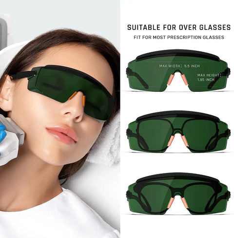 Straight Up Laser Safety Glasses With Bigtime Anti Fog Filter For IPL Hair Removal And Welding OD4 Shield, green tinted wraparound style.