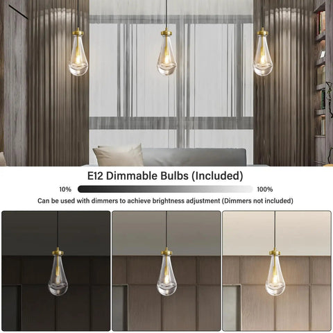 Brass Raindrop Pendant Light Fixture For Kitchen Island And Dining Room, Glass Drop Chandelier, E12 LED Bulb Included