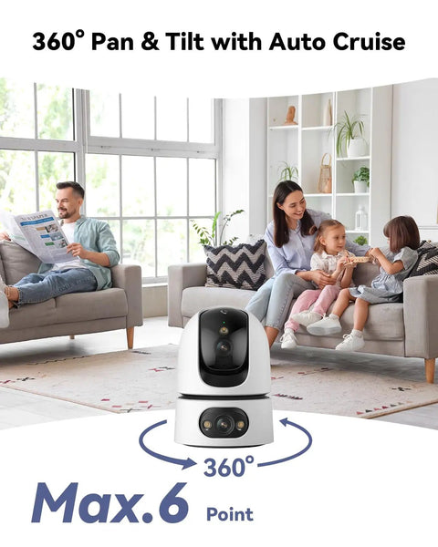 Family in living room with 2.5K Indoor WiFi Security Camera For Home With 360 Degree View AI Human Detection Smart Tracking