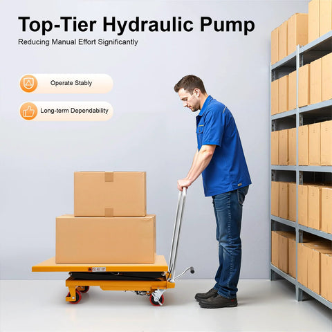 Side view of yellow steel hydraulic lift table cart lifting two cardboard boxes