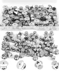 70 Pack Locking Pin Backs Metal Seals For Badges Brooches And Enamel Pins. Silver metal fasteners in a clear container, 0.39-0.5 cm size.