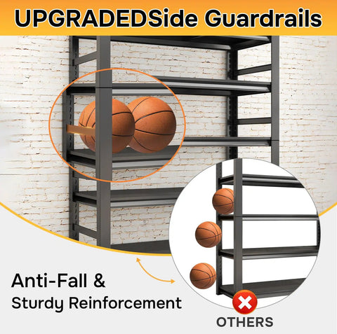Heavy Duty Adjustable Five Tier Metal Garage Shelving Unit With Anti Slip Feet Anti Fall Rails Wall Anchor Hardware And Built Tough Garage Ready Storage On Uneven Floors, metal shelf with side guardrails