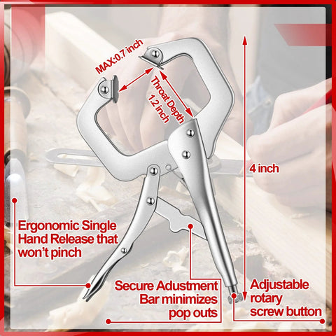 Yexiya 4-inch locking C-clamp; silver metal locking pliers with swivel pad and adjustable jaw