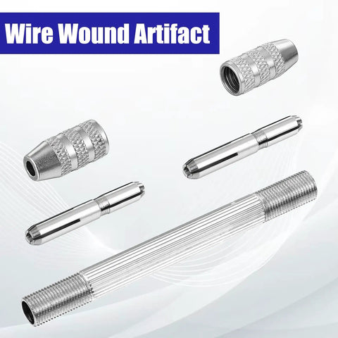 2 Pcs Double Ended Pin Vise Set Stainless Steel Mini Hand Drill for Twisting Copper Wire Jewelry Making Tool with components displayed.