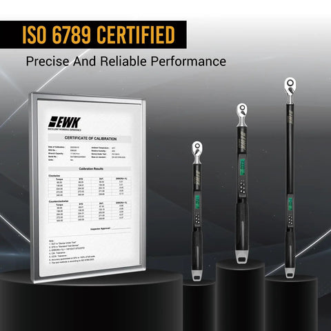 ISO 6789 certified Half Inch Drive Digital Torque Wrench with LED Display and Audible Beep, 10 to 200 Nm on display.