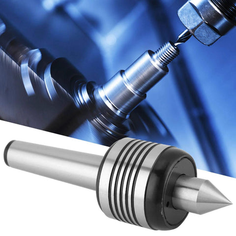 MT3 live center lathe center with ribbed silver body and conical tip, close-up view.
