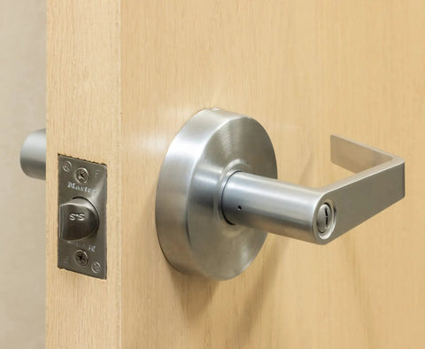 Privacy Door Lock With Lever Handle For Commercial Interiors Brushed Chrome Finish Built Tough Heavy Duty Cylindrical Lock ANSI BHMA Grade 2 3 Hour UL Listed Indoor Use Model SLCHPV26D on door