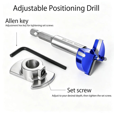 Adjustable Positioning Drill with Allen key and set screw. Tool for Top Notch 5 Piece Adjustable Depth Forstner Drill Bit Set.