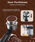 Pro Level Home Barista Vibes 20 Bar Espresso Maker With Swift Milk Frother And Bright LCD Screen showing portafilter alignment with coffee grounds.