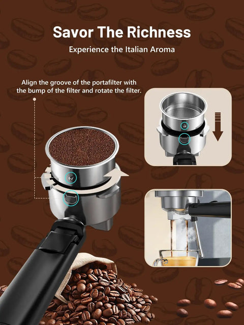 Pro Level Home Barista Vibes 20 Bar Espresso Maker With Swift Milk Frother And Bright LCD Screen showing portafilter alignment with coffee grounds.